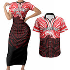Custom Dolphins Couples Matching Short Sleeve Bodycon Dress and Hawaiian Shirt Dolphin Warrior Polynesia Islander Rugby Mascot