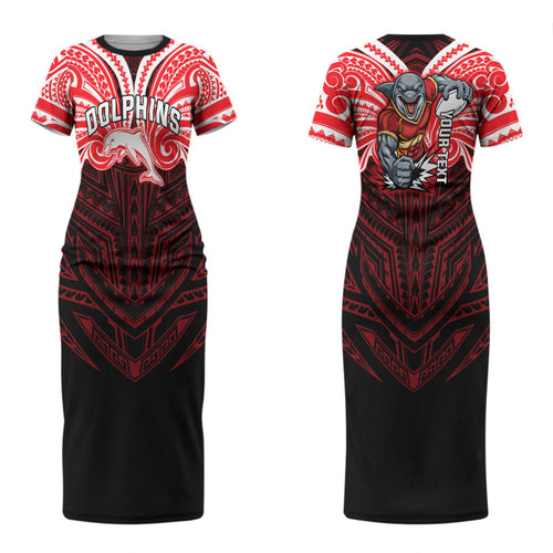 Custom Dolphins Couples Matching Short Sleeve Bodycon Dress and Hawaiian Shirt Dolphin Warrior Polynesia Islander Rugby Mascot