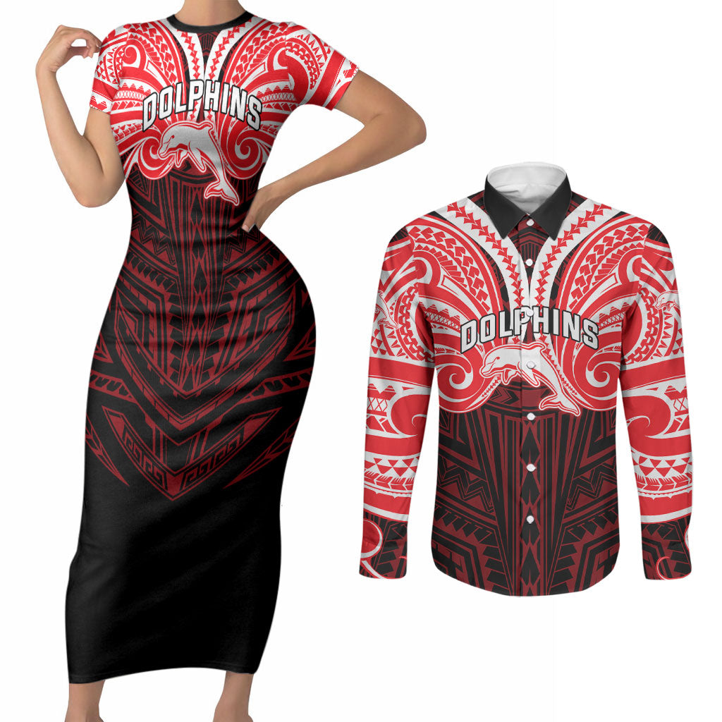 Custom Dolphins Couples Matching Short Sleeve Bodycon Dress and Long Sleeve Button Shirt Dolphin Warrior Polynesia Islander Rugby Mascot
