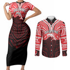 Custom Dolphins Couples Matching Short Sleeve Bodycon Dress and Long Sleeve Button Shirt Dolphin Warrior Polynesia Islander Rugby Mascot