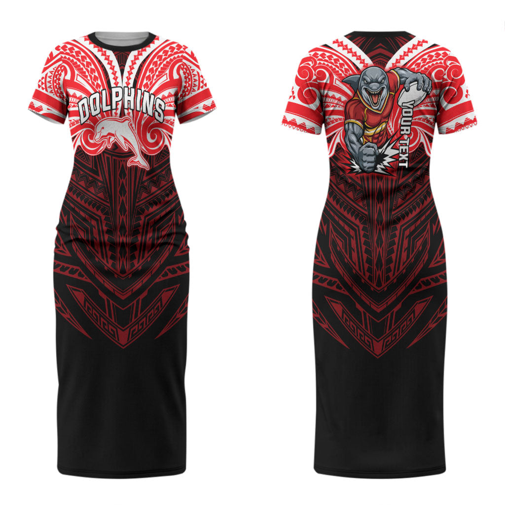 Custom Dolphins Couples Matching Short Sleeve Bodycon Dress and Long Sleeve Button Shirt Dolphin Warrior Polynesia Islander Rugby Mascot