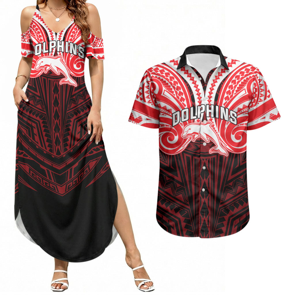 Custom Dolphins Couples Matching Summer Maxi Dress and Hawaiian Shirt Dolphin Warrior Polynesia Islander Rugby Mascot