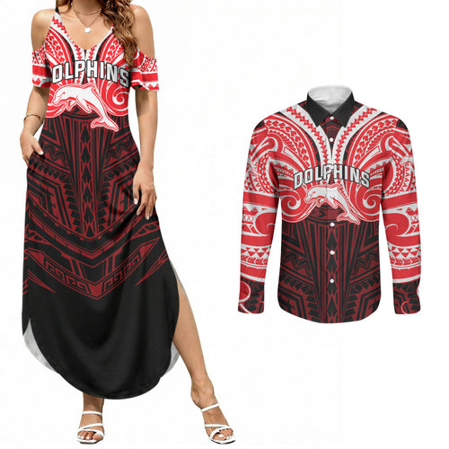 Custom Dolphins Couples Matching Summer Maxi Dress and Long Sleeve Button Shirt Dolphin Warrior Polynesia Islander Rugby Mascot