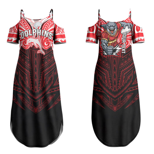 Custom Dolphins Couples Matching Summer Maxi Dress and Long Sleeve Button Shirt Dolphin Warrior Polynesia Islander Rugby Mascot