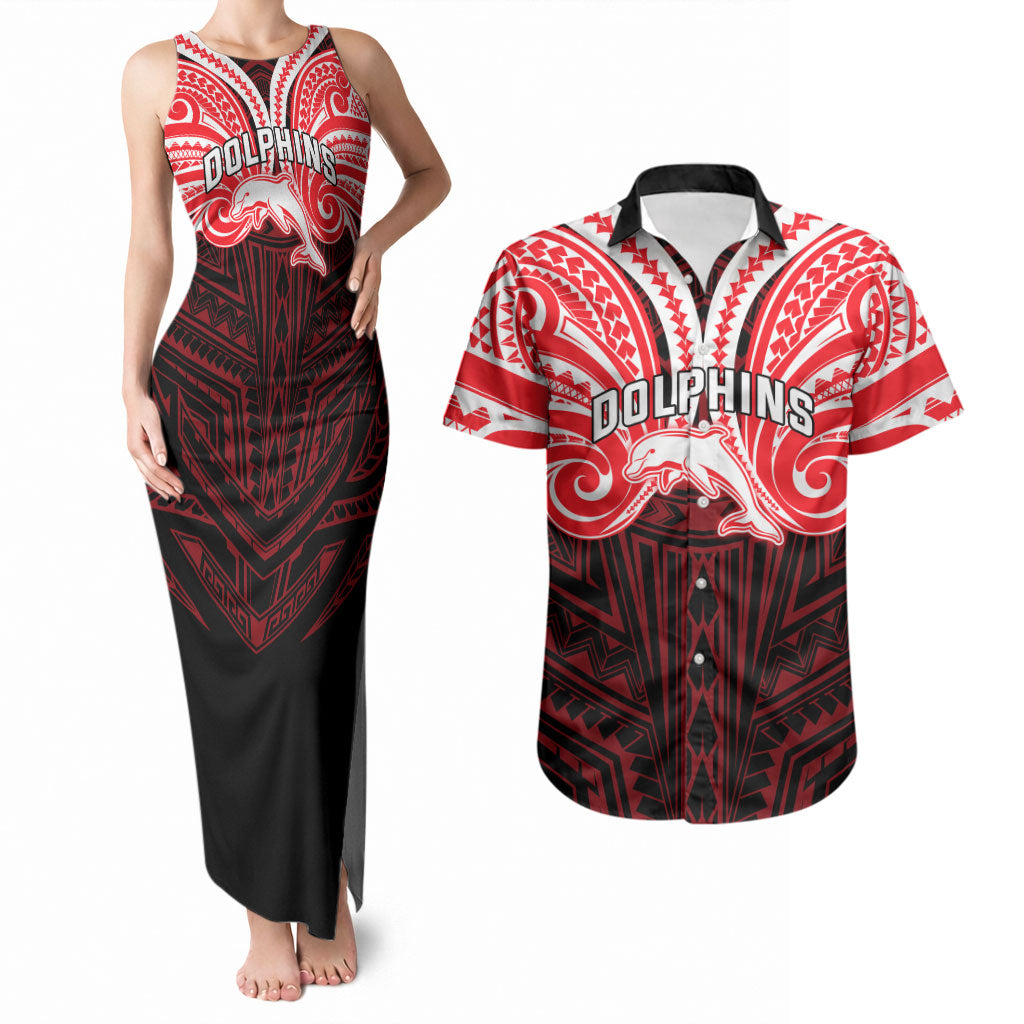 Custom Dolphins Couples Matching Tank Maxi Dress and Hawaiian Shirt Dolphin Warrior Polynesia Islander Rugby Mascot