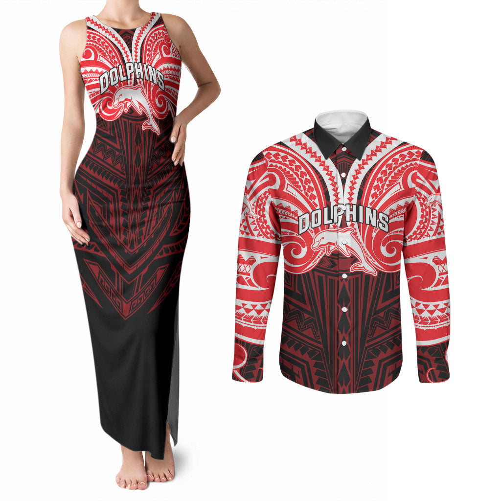 Custom Dolphins Couples Matching Tank Maxi Dress and Long Sleeve Button Shirt Dolphin Warrior Polynesia Islander Rugby Mascot