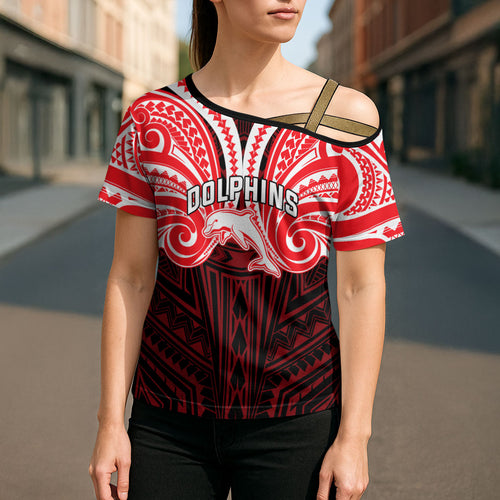 Custom Dolphins Cross Shoulder Shirt Dolphin Warrior Polynesia Islander Rugby Mascot