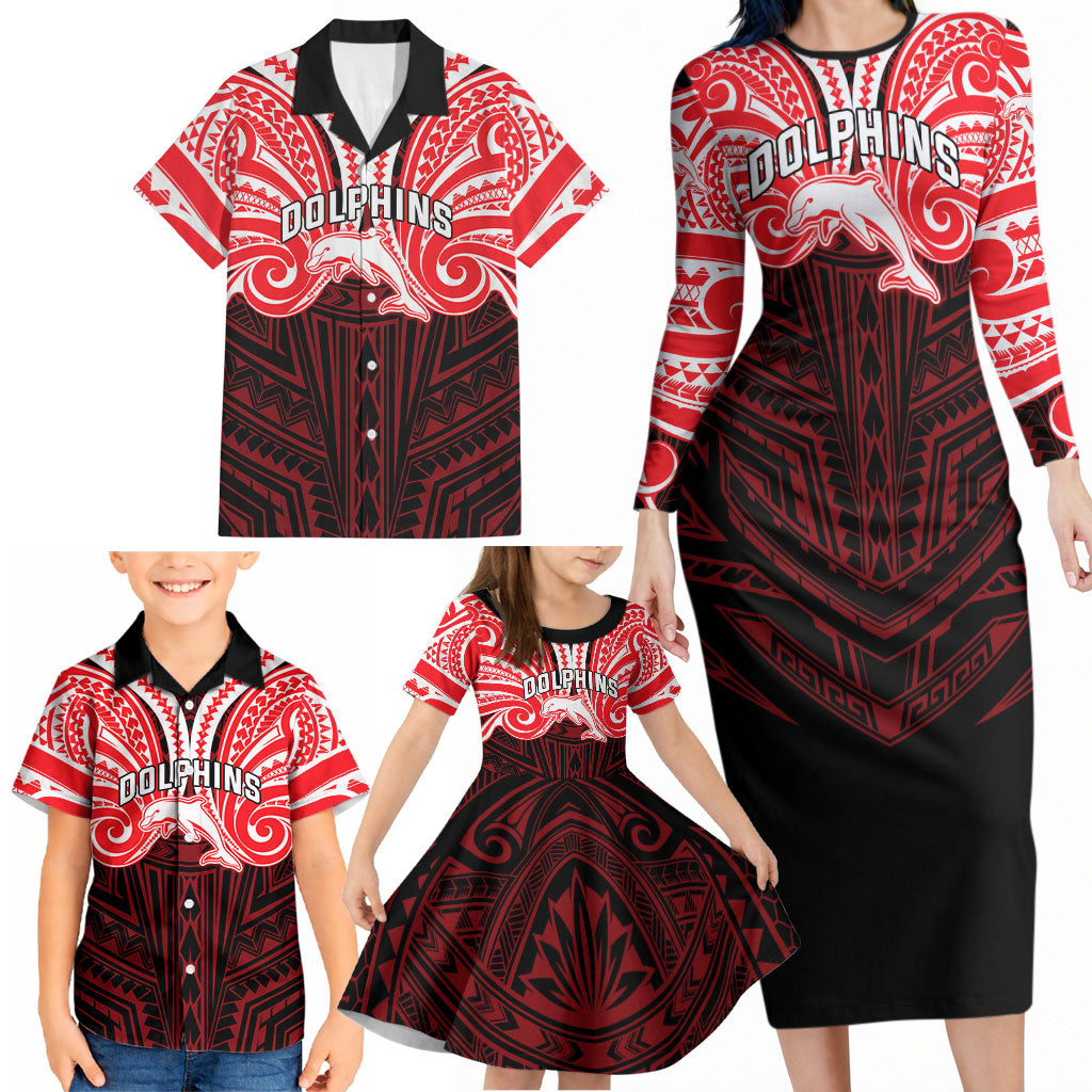 Custom Dolphins Family Matching Long Sleeve Bodycon Dress and Hawaiian Shirt Dolphin Warrior Polynesia Islander Rugby Mascot