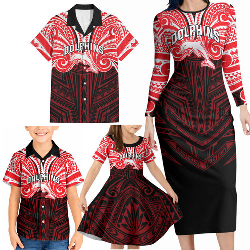 Custom Dolphins Family Matching Long Sleeve Bodycon Dress and Hawaiian Shirt Dolphin Warrior Polynesia Islander Rugby Mascot