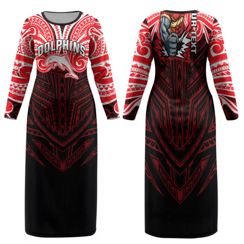 Custom Dolphins Family Matching Long Sleeve Bodycon Dress and Hawaiian Shirt Dolphin Warrior Polynesia Islander Rugby Mascot