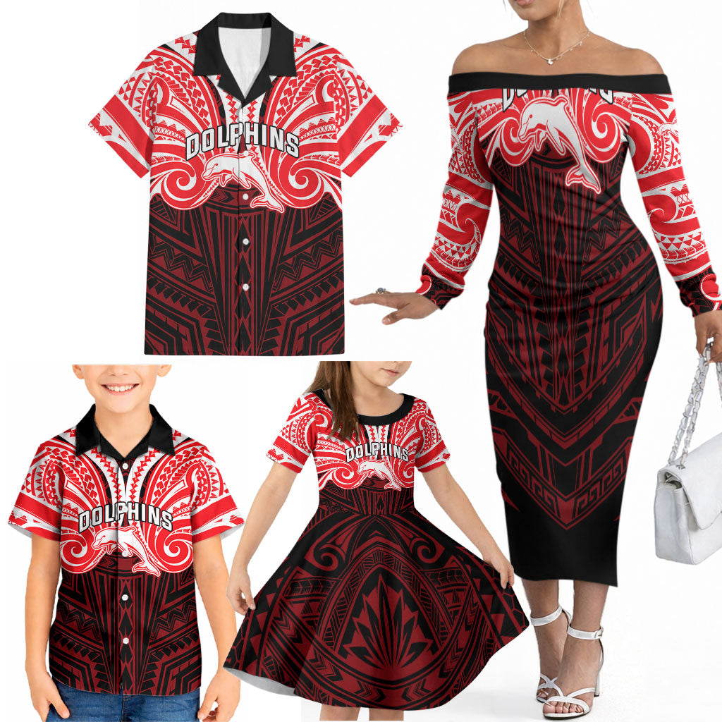 Custom Dolphins Family Matching Off The Shoulder Long Sleeve Dress and Hawaiian Shirt Dolphin Warrior Polynesia Islander Rugby Mascot