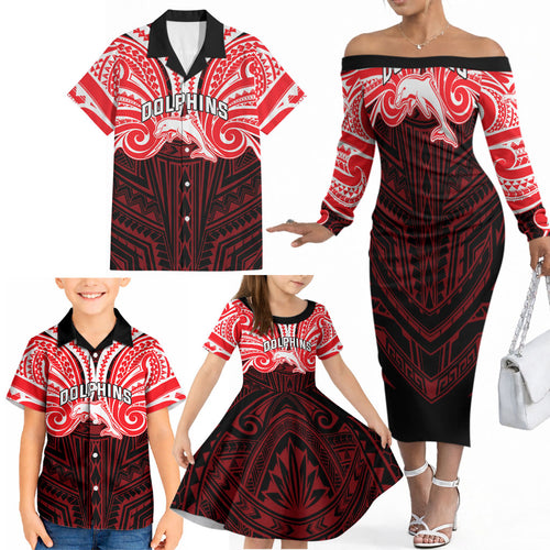 Custom Dolphins Family Matching Off The Shoulder Long Sleeve Dress and Hawaiian Shirt Dolphin Warrior Polynesia Islander Rugby Mascot