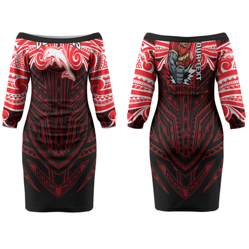 Custom Dolphins Family Matching Off The Shoulder Long Sleeve Dress and Hawaiian Shirt Dolphin Warrior Polynesia Islander Rugby Mascot