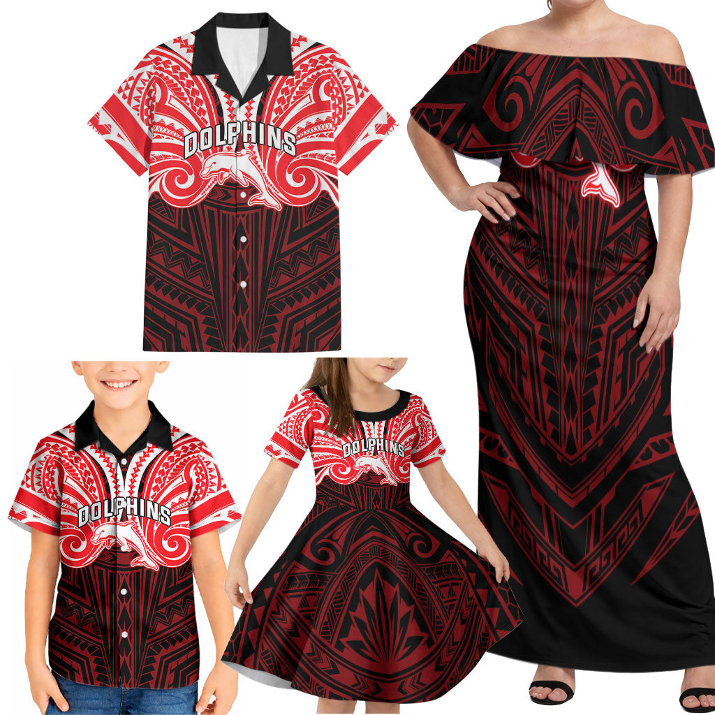 Custom Dolphins Family Matching Off Shoulder Maxi Dress and Hawaiian Shirt Dolphin Warrior Polynesia Islander Rugby Mascot