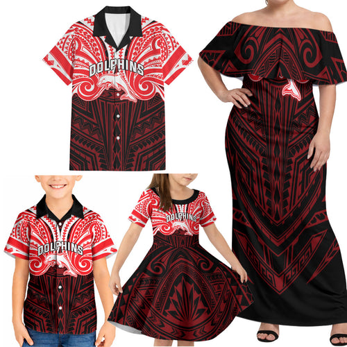 Custom Dolphins Family Matching Off Shoulder Maxi Dress and Hawaiian Shirt Dolphin Warrior Polynesia Islander Rugby Mascot