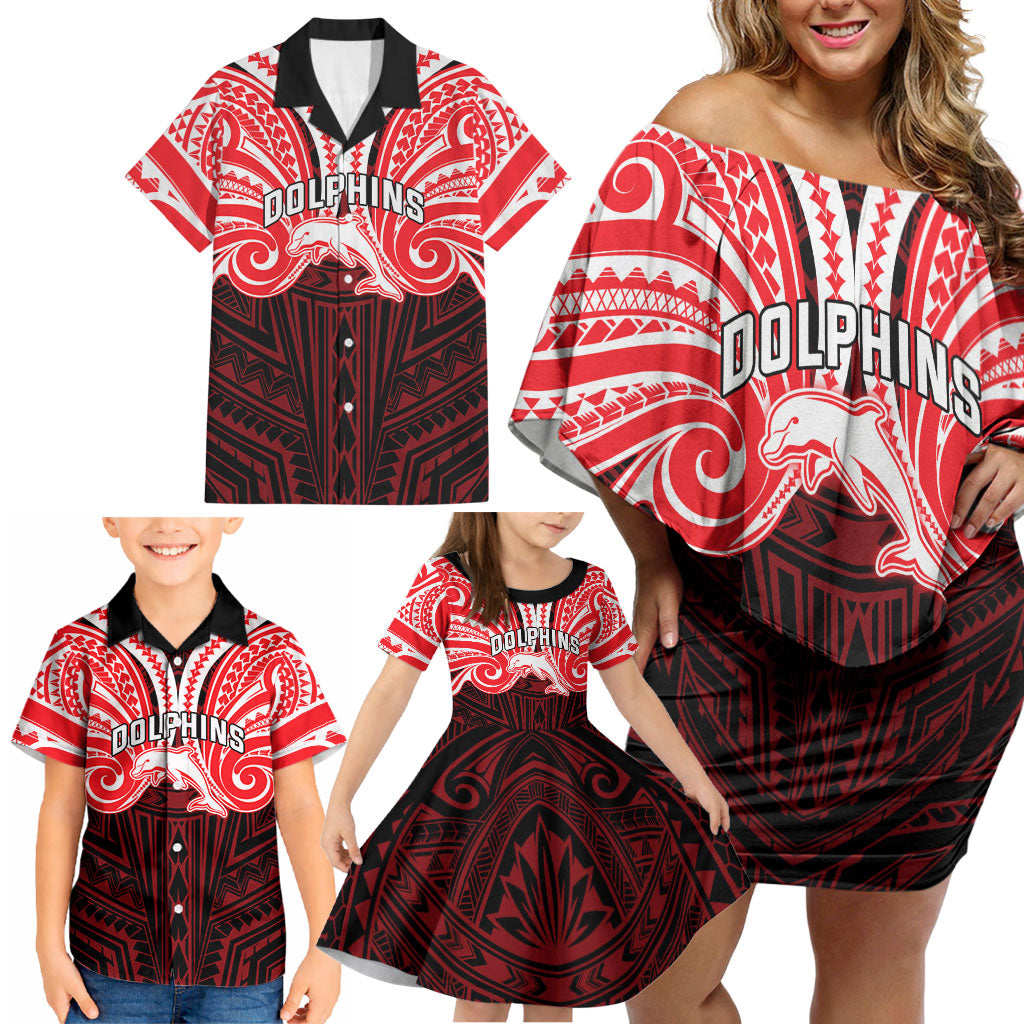 Custom Dolphins Family Matching Off Shoulder Short Dress and Hawaiian Shirt Dolphin Warrior Polynesia Islander Rugby Mascot
