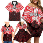 Custom Dolphins Family Matching Off Shoulder Short Dress and Hawaiian Shirt Dolphin Warrior Polynesia Islander Rugby Mascot