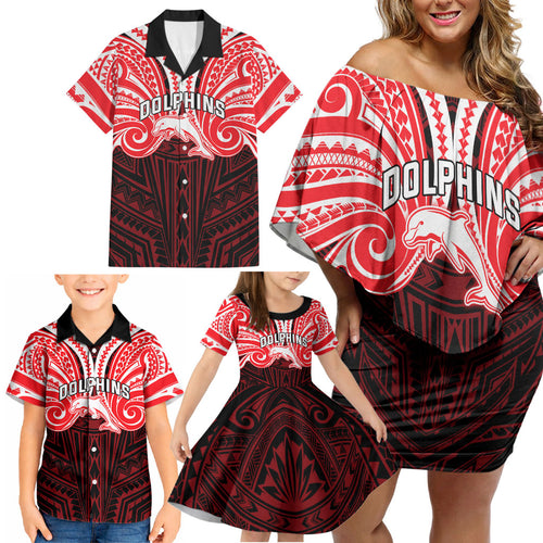 Custom Dolphins Family Matching Off Shoulder Short Dress and Hawaiian Shirt Dolphin Warrior Polynesia Islander Rugby Mascot