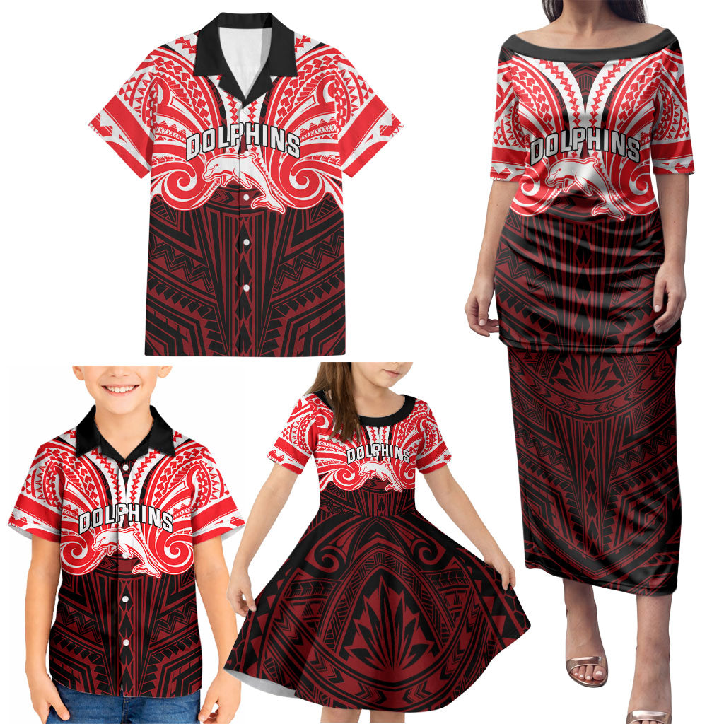 Custom Dolphins Family Matching Puletasi and Hawaiian Shirt Dolphin Warrior Polynesia Islander Rugby Mascot