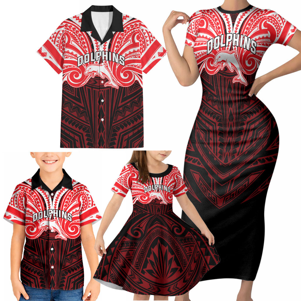 Custom Dolphins Family Matching Short Sleeve Bodycon Dress and Hawaiian Shirt Dolphin Warrior Polynesia Islander Rugby Mascot