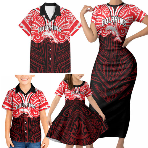 Custom Dolphins Family Matching Short Sleeve Bodycon Dress and Hawaiian Shirt Dolphin Warrior Polynesia Islander Rugby Mascot