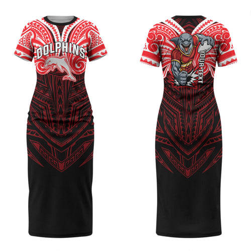 Custom Dolphins Family Matching Short Sleeve Bodycon Dress and Hawaiian Shirt Dolphin Warrior Polynesia Islander Rugby Mascot