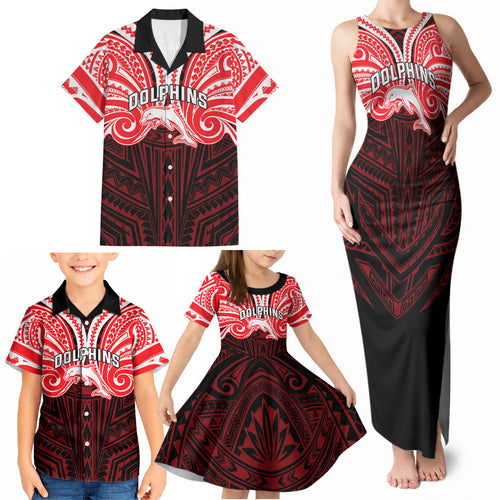 Custom Dolphins Family Matching Tank Maxi Dress and Hawaiian Shirt Dolphin Warrior Polynesia Islander Rugby Mascot