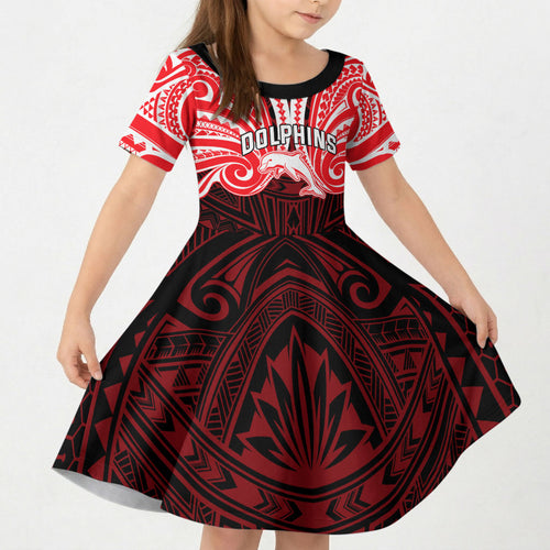 Custom Dolphins Kid Short Sleeve Dress Dolphin Warrior Polynesia Islander Rugby Mascot