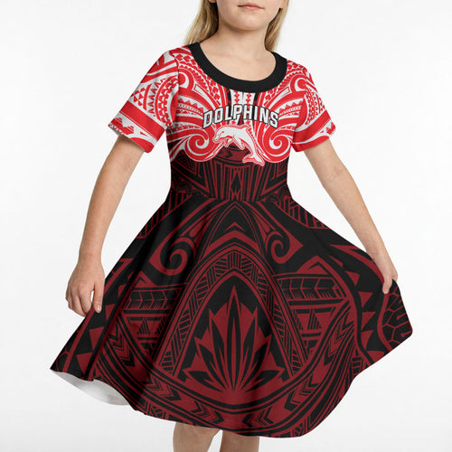 Custom Dolphins Kid Short Sleeve Dress Dolphin Warrior Polynesia Islander Rugby Mascot