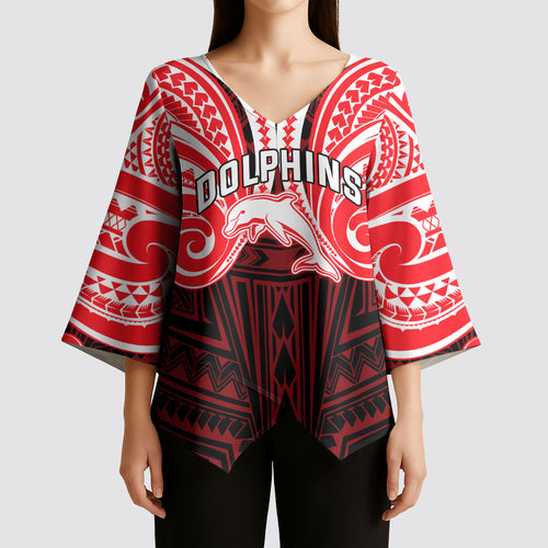 Custom Dolphins Kimono Sleeve Blouse Dolphin Warrior Polynesia Islander Rugby Mascot