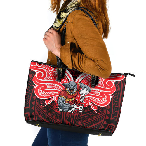 Custom Dolphins Leather Tote Bag Dolphin Warrior Polynesia Islander Rugby Mascot