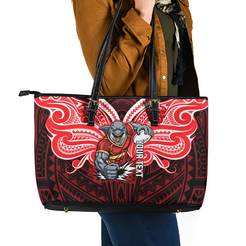 Custom Dolphins Leather Tote Bag Dolphin Warrior Polynesia Islander Rugby Mascot