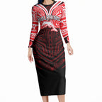 Custom Dolphins Long Sleeve Bodycon Dress Dolphin Warrior Polynesia Islander Rugby Mascot