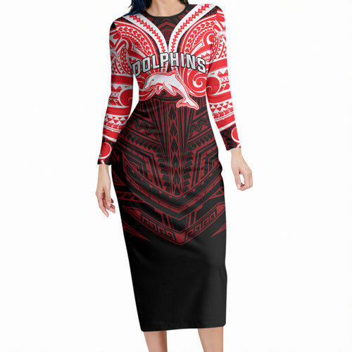 Custom Dolphins Long Sleeve Bodycon Dress Dolphin Warrior Polynesia Islander Rugby Mascot