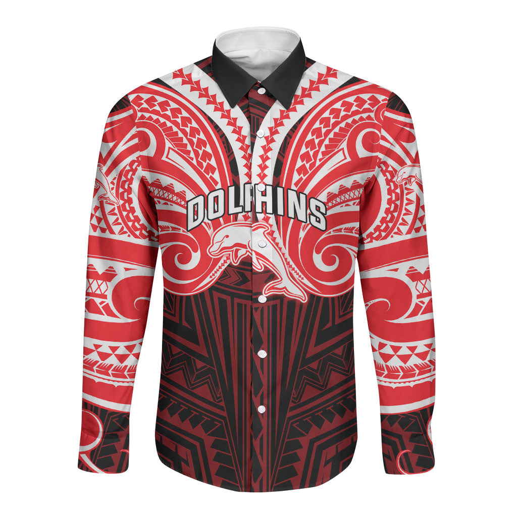 Custom Dolphins Long Sleeve Button Shirt Dolphin Warrior Polynesia Islander Rugby Mascot