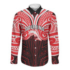 Custom Dolphins Long Sleeve Button Shirt Dolphin Warrior Polynesia Islander Rugby Mascot