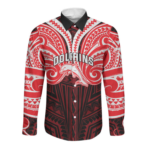 Custom Dolphins Long Sleeve Button Shirt Dolphin Warrior Polynesia Islander Rugby Mascot