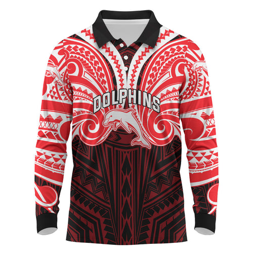 Custom Dolphins Long Sleeve Polo Shirt Dolphin Warrior Polynesia Islander Rugby Mascot