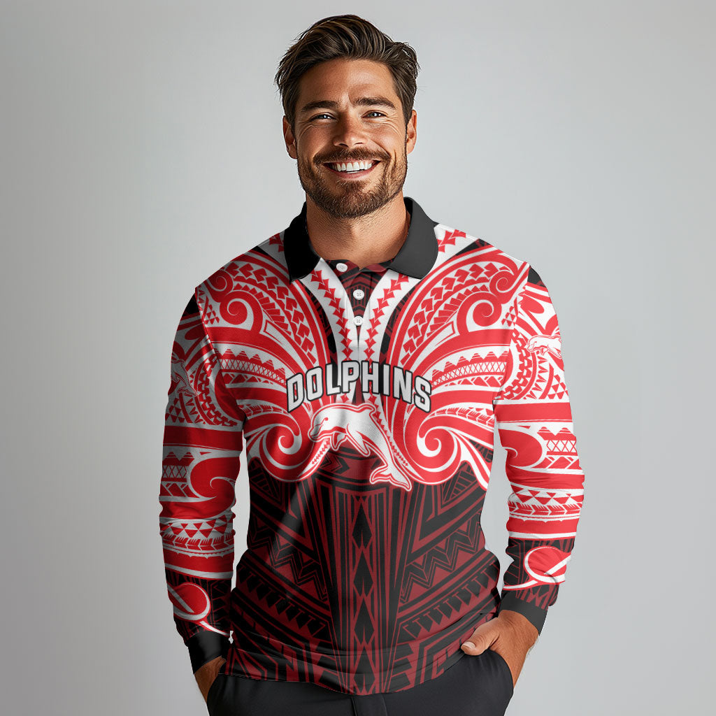 Custom Dolphins Long Sleeve Polo Shirt Dolphin Warrior Polynesia Islander Rugby Mascot