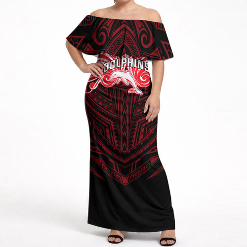 Custom Dolphins Off Shoulder Maxi Dress Dolphin Warrior Polynesia Islander Rugby Mascot