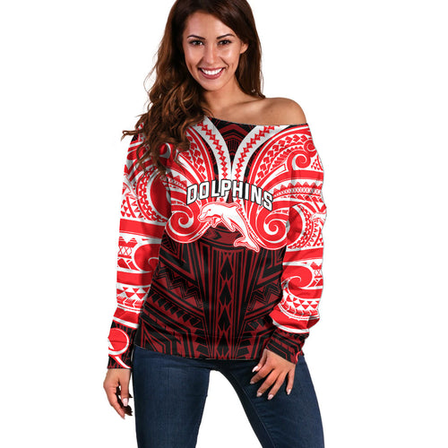 Custom Dolphins Off Shoulder Sweater Dolphin Warrior Polynesia Islander Rugby Mascot