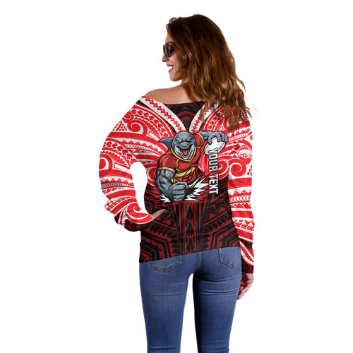 Custom Dolphins Off Shoulder Sweater Dolphin Warrior Polynesia Islander Rugby Mascot