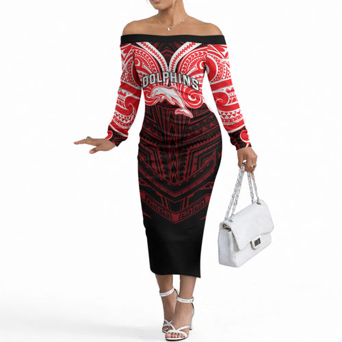 Custom Dolphins Off The Shoulder Long Sleeve Dress Dolphin Warrior Polynesia Islander Rugby Mascot