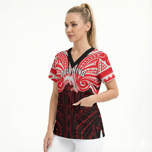 Custom Dolphins Scrub Top Dolphin Warrior Polynesia Islander Rugby Mascot