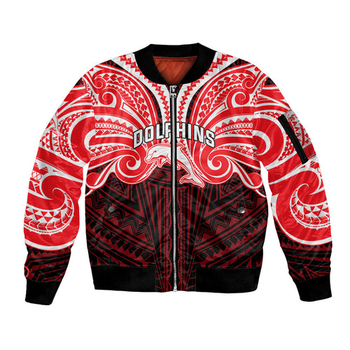 Custom Dolphins Sleeve Zip Bomber Jacket Dolphin Warrior Polynesia Islander Rugby Mascot