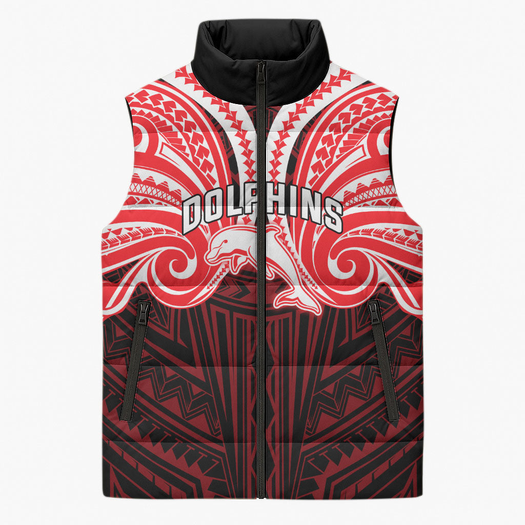 Custom Dolphins Sleeveless Puffer Jacket Dolphin Warrior Polynesia Islander Rugby Mascot