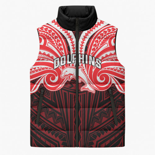 Custom Dolphins Sleeveless Puffer Jacket Dolphin Warrior Polynesia Islander Rugby Mascot