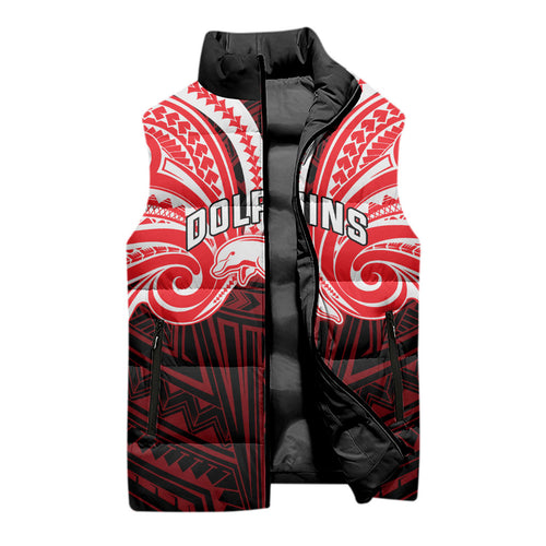 Custom Dolphins Sleeveless Puffer Jacket Dolphin Warrior Polynesia Islander Rugby Mascot