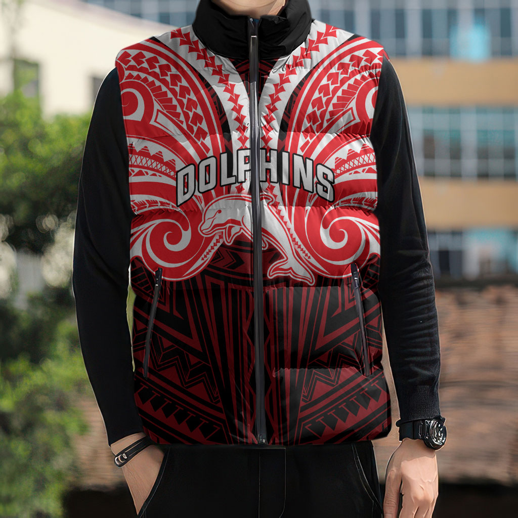Custom Dolphins Sleeveless Puffer Jacket Dolphin Warrior Polynesia Islander Rugby Mascot