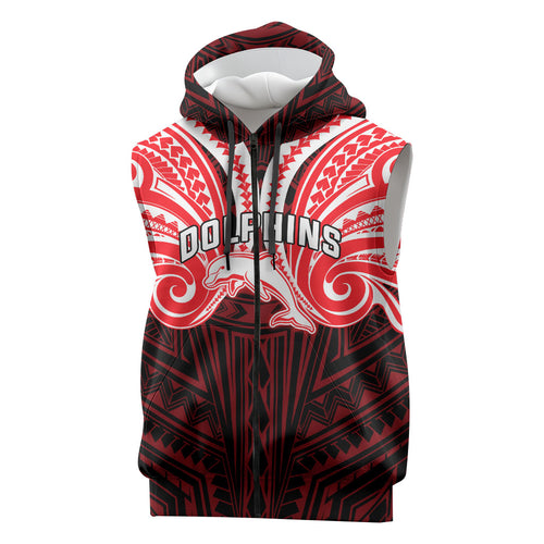 Custom Dolphins Sleeveless Zip Hoodie Dolphin Warrior Polynesia Islander Rugby Mascot